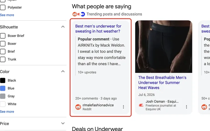 Google results for best underwear for guys who sweat a lot