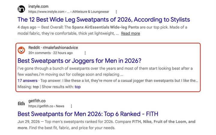 Google results for top sweatpants brands in 2026