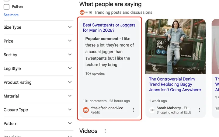 Google results for best sweatpants or joggers