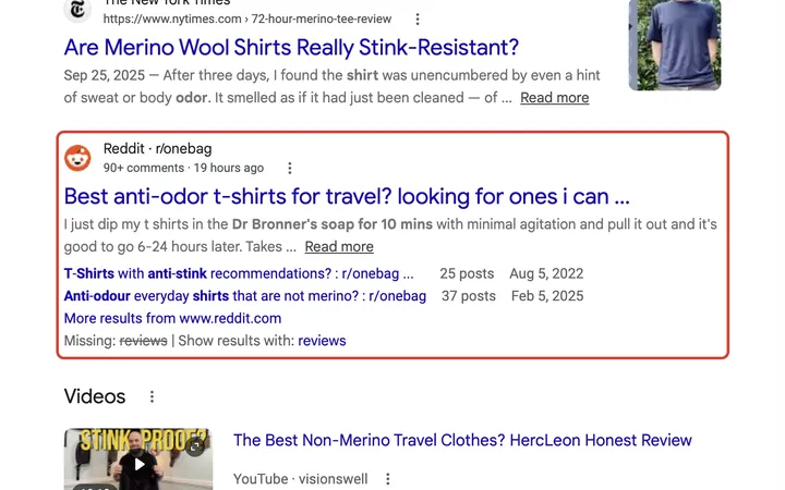 Google results for reviews for anti odor t shirts