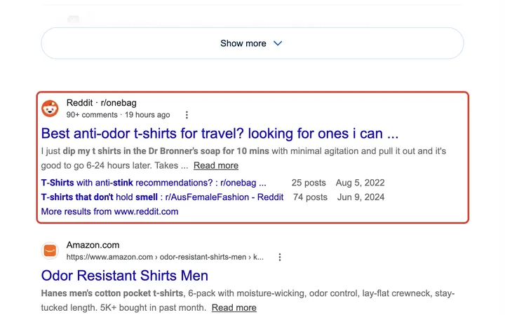 Google results for t shirts that don't stink after a few days